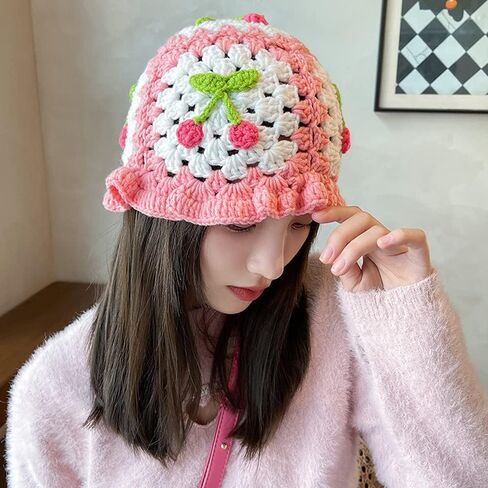 JUENAWMIU Crochet Bucket Hat for Women Handmade Knit Hats Summer Floral Skull Cap Knit Bucket Hats for Women in Kuwait