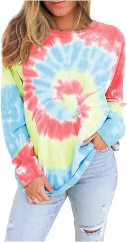 Tanst Sky Women Tie Dye Sweatshirt Long Sleeve Crew Neck Shirt Color Block Loose Pullover Tops in Saudi Arabia