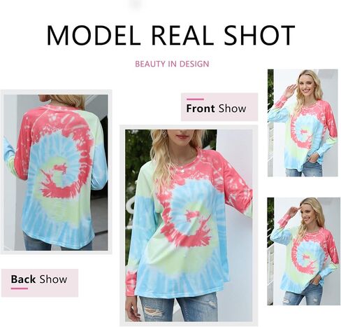 Tanst Sky Women Tie Dye Sweatshirt Long Sleeve Crew Neck Shirt Color Block Loose Pullover Tops in Saudi Arabia