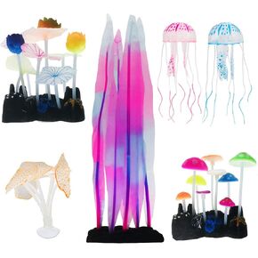 Cayway 6 Pack Aquarium Fish Tank Ornament Glowing Simulation Coral Plant Ornaments Glowing Silicone Aquarium Ornaments Mushroom Lotus for Fish Tank, Aquarium Landscape in Kuwait