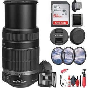 عدسة Canon EF-S 55-250mm f/4-5.6 is II (5123B006) + بطاقة ذاكرة سعة 64 جيجابايت + مجموعة مرشح + حقيبة ظهر + قارئ بطاقات + حامل ثلاثي القوائم مرن + محفظة ذاكرة + حافظة للأغطية + طقم تنظيف + حزام يد (متجدد) in Kuwait