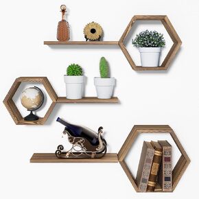 Black Wooden Hexagon Floating Shelves Wall Mounted-Set of 6,Decorative Honeycomb Shelves for Wall Decor,Modern Geometric Wall Organizer Cube Shelves Display for Plant,Photo,Living Room,Bedroom,Pine