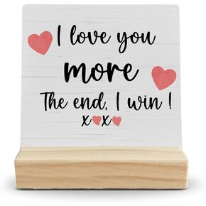 FUGWN Love You More Wood Plaque Sign Desk Decor, Love Sign Decor Wood Desk Sign, I Love You Gifts for Him Her, Gifts for Girlfriend Boyfriend, Romantic Wooden Plaque with Wood Stand for Home Office Table Decor