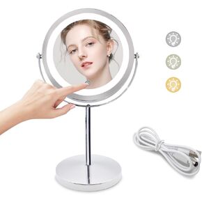 مرآة مكياج مضاءة مثبتة على الحائط من CINCIRUI من الكروم، مرآة زينة LED مزدوجة الجوانب بتكبير 1X/5X مقاس 7 بوصات، 3 أضواء ملونة تعمل باللمس تعمل بمنفذ USB للنساء in Saudi Arabia
