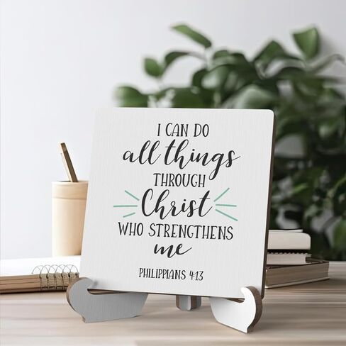 آية الكتاب المقدس طاولة مكتب ديكور ملهمة ريفية مسيحية خشبية لافتة مع حامل خشبي، ديكور ديني تحفيزي إيجابي عتيق لأرفف سطح الطاولة وأرفف الحمام على سطح الطاولة in Kuwait