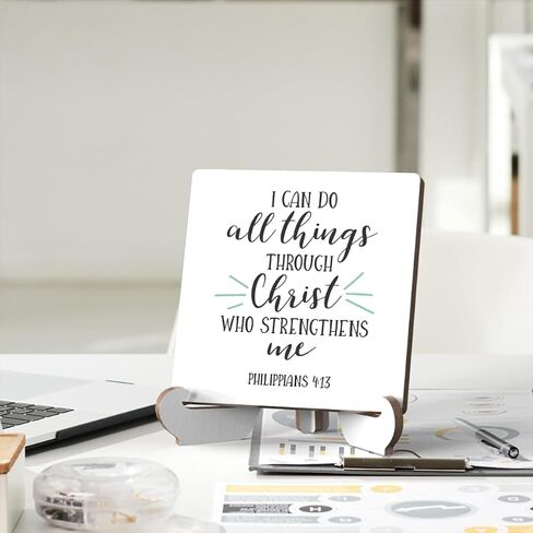 آية الكتاب المقدس طاولة مكتب ديكور ملهمة ريفية مسيحية خشبية لافتة مع حامل خشبي، ديكور ديني تحفيزي إيجابي عتيق لأرفف سطح الطاولة وأرفف الحمام على سطح الطاولة in Kuwait