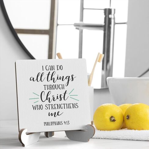 آية الكتاب المقدس طاولة مكتب ديكور ملهمة ريفية مسيحية خشبية لافتة مع حامل خشبي، ديكور ديني تحفيزي إيجابي عتيق لأرفف سطح الطاولة وأرفف الحمام على سطح الطاولة in Kuwait