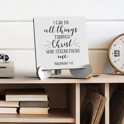 آية الكتاب المقدس طاولة مكتب ديكور ملهمة ريفية مسيحية خشبية لافتة مع حامل خشبي، ديكور ديني تحفيزي إيجابي عتيق لأرفف سطح الطاولة وأرفف الحمام على سطح الطاولة in Kuwait