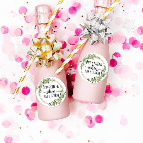 ملصقات Pop and Cheer When Baby is Here، ملصقات هدايا لحفلات استقبال الأطفال باللون الأخضر، ملصقات لحفلات استقبال الأطفال بزجاجات الشمبانيا الصغيرة، عبوة من 50 ملصقًا لاصقًا دائريًا مقاس 5 سم. in Kuwait