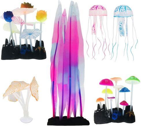 Cayway 6 Pack Aquarium Fish Tank Ornament Glowing Simulation Coral Plant Ornaments Glowing Silicone Aquarium Ornaments Mushroom Lotus for Fish Tank, Aquarium Landscape in Kuwait