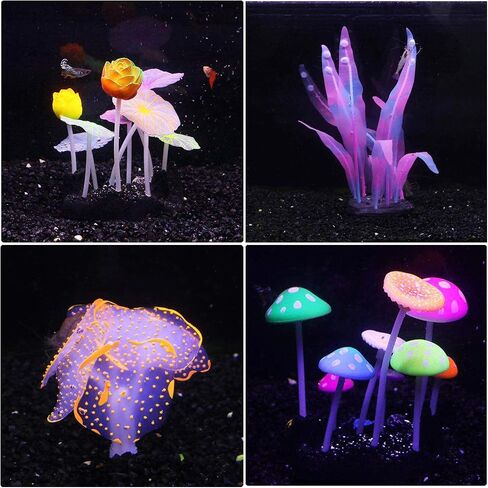 Cayway 6 Pack Aquarium Fish Tank Ornament Glowing Simulation Coral Plant Ornaments Glowing Silicone Aquarium Ornaments Mushroom Lotus for Fish Tank, Aquarium Landscape in Kuwait