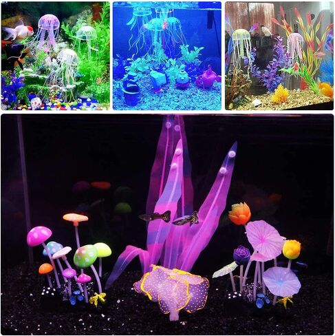 Cayway 6 Pack Aquarium Fish Tank Ornament Glowing Simulation Coral Plant Ornaments Glowing Silicone Aquarium Ornaments Mushroom Lotus for Fish Tank, Aquarium Landscape in Kuwait