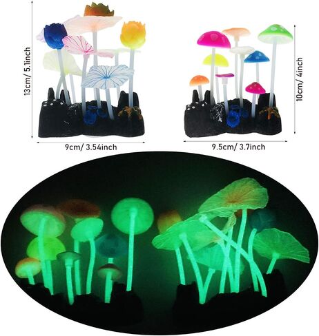 Cayway 6 Pack Aquarium Fish Tank Ornament Glowing Simulation Coral Plant Ornaments Glowing Silicone Aquarium Ornaments Mushroom Lotus for Fish Tank, Aquarium Landscape in Kuwait
