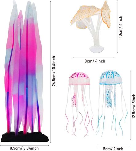Cayway 6 Pack Aquarium Fish Tank Ornament Glowing Simulation Coral Plant Ornaments Glowing Silicone Aquarium Ornaments Mushroom Lotus for Fish Tank, Aquarium Landscape in Kuwait