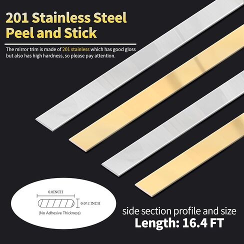 قالب تقليم حائط DiGMiG مقاس 16.4 قدم × 0.4 بوصة، قالب تقليم قابل للتقشير والعصا، مرآة معدنية مرنة ذاتية اللصق مثل اللمسة النهائية للجدار، المرآة، الأثاث، الباب، خزانة الملابس، ديكور المنزل (ذهبي - 16.4 قدم × 0.4 بوصة) in Kuwait