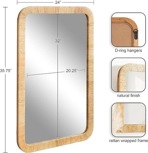 Kate and Laurel Rahfy Modern Boho Rounded Rectangle Wall Mirror with Natural Rattan Frame, 24x36x2 in Saudi Arabia