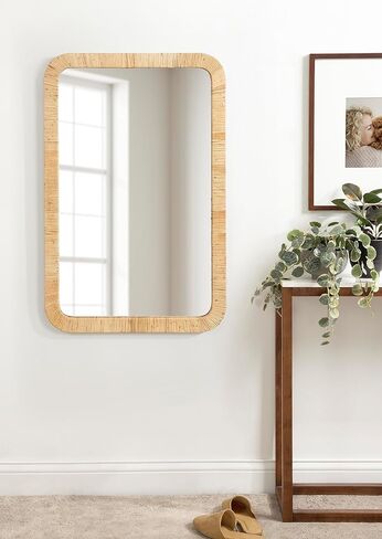 Kate and Laurel Rahfy Modern Boho Rounded Rectangle Wall Mirror with Natural Rattan Frame, 24x36x2 in Saudi Arabia