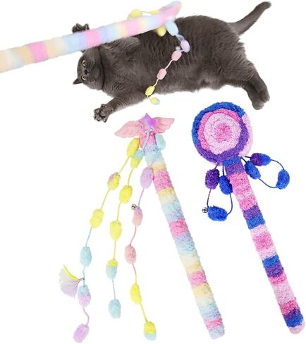 SNOWLOVE 2-Piece Cat Toys for Indoor Cats,Cat Wand Toys with Bells, Cat Teaser Indoor Cat Interactive Toy in Kuwait