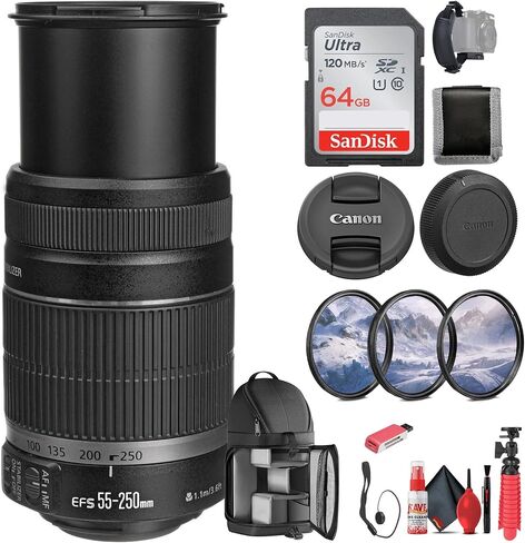 عدسة Canon EF-S 55-250mm f/4-5.6 is II (5123B006) + بطاقة ذاكرة سعة 64 جيجابايت + مجموعة مرشح + حقيبة ظهر + قارئ بطاقات + حامل ثلاثي القوائم مرن + محفظة ذاكرة + حافظة للأغطية + طقم تنظيف + حزام يد (متجدد) in Kuwait