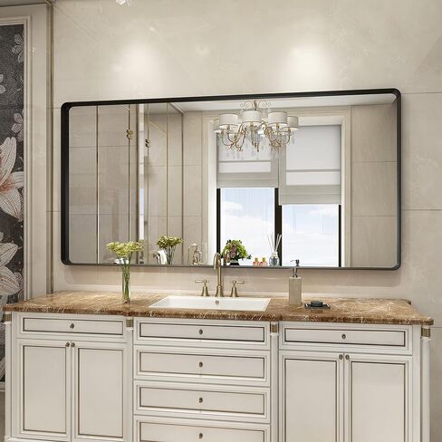 مرآة حائط Guwet للحمام، مرآة مقاس 72 × 36 للجدار مع الألومنيوم والزجاج المدرع، مرايا حائط مزخرفة لغرفة المعيشة، غرفة النوم، مضادة للصدأ، مقاومة للكسر، أفقية أو رأسية (أسود) in Kuwait