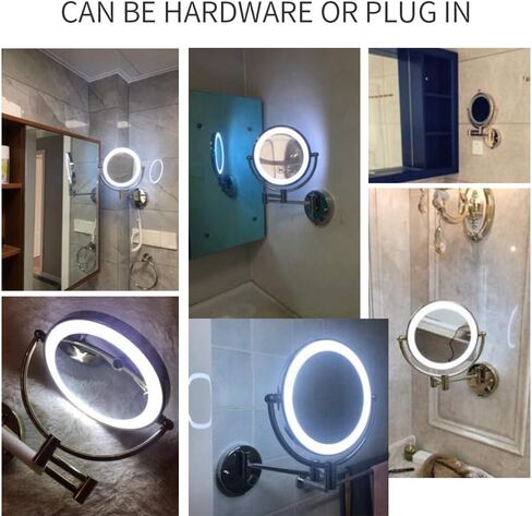 مرآة مضاءة مثبتة على الحائط 10x LED مقاس 8 بوصات، مرآة مكياج حائطية مزدوجة الجوانب 10x مرآة مكبرة للحمام 12 امتداد، دوران 360 درجة مصنوعة من الزجاج النحاسي والكروم اللامع in Kuwait