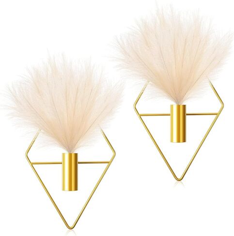 Topvop 2 قطعة ديكور حائط صغير معلق مزارعون مع بامباس صناعي مثبت على الحائط ديكور حائط معدني ذهبي ديكور منزلي حديث (مزهرية معينية) in Kuwait