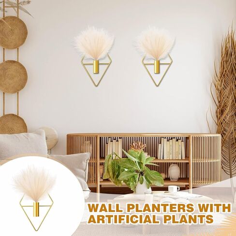 Topvop 2 قطعة ديكور حائط صغير معلق مزارعون مع بامباس صناعي مثبت على الحائط ديكور حائط معدني ذهبي ديكور منزلي حديث (مزهرية معينية) in Kuwait