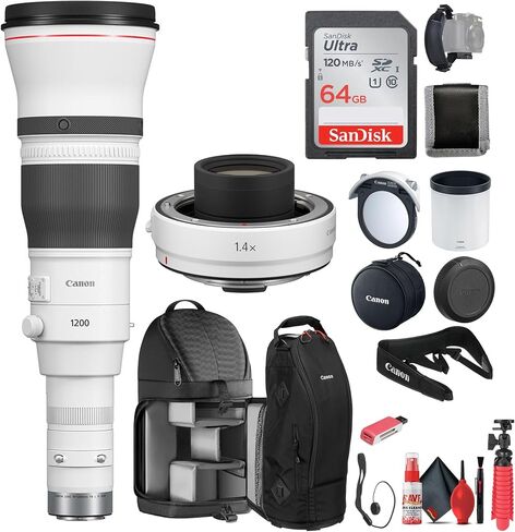 Canon RF 1200mm f/8 L هي عدسة USM (5056C002) + Canon Extender RF 1.4X (4113C002) + بطاقة سعة 64 جيجابايت + حقيبة ظهر + قارئ بطاقات + حامل ثلاثي القوائم مرن + محفظة ذاكرة + حافظة للغطاء + طقم تنظيف + حزام يد (متجدد) in Saudi Arabia