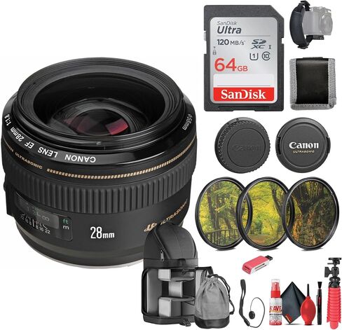 عدسة Canon EF مقاس 28 مم f/1.8 USM (2510A003) + بطاقة ذاكرة سعة 64 جيجابايت + مجموعة مرشح + حقيبة ظهر + قارئ بطاقات + حامل ثلاثي القوائم مرن + محفظة ذاكرة + حافظة للأغطية + طقم تنظيف + حزام يد (متجدد) in Saudi Arabia