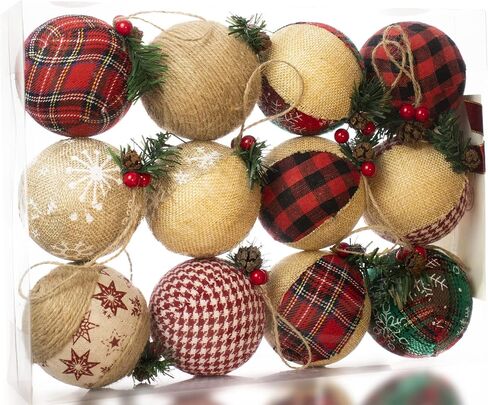 Burlap Christmas Hanging Ornaments, Farmhouse Rustic Christma Decorations, Natural Jute Ball Ornaments for Xmas Holiday Party Home Decor 12Pcs in Saudi Arabia