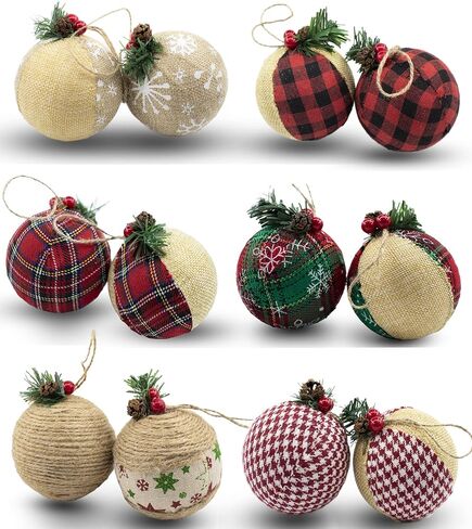 Burlap Christmas Hanging Ornaments, Farmhouse Rustic Christma Decorations, Natural Jute Ball Ornaments for Xmas Holiday Party Home Decor 12Pcs in Saudi Arabia