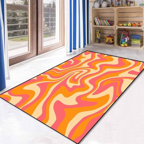 PeeNoke 1970 متموجة دوامة سلسة برتقالية وردية الألوان مرسومة باليد السبعينيات نمط منطقة البساط في الهواء الطلق سجادة الفناء لعب حصيرة الكلمة حصيرة السجاد الحديثة عدم الانزلاق ديكور المنزل غرفة المعيشة غرفة نوم الحضانة، 3x5 قدم in Kuwait