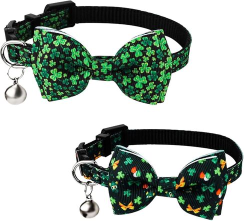 lasuroa 2pcs عيد القديس باتريك طوق القط، قابل للتعديل أربع أوراق البرسيم القط طوق القديس باتريك يوم القط القوس التعادل محظوظ الكلب طوق طوق القط مع أجراس للحيوانات الاليفة عيد الميلاد هدية عيد الشكر in Kuwait
