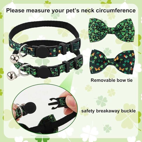 lasuroa 2pcs عيد القديس باتريك طوق القط، قابل للتعديل أربع أوراق البرسيم القط طوق القديس باتريك يوم القط القوس التعادل محظوظ الكلب طوق طوق القط مع أجراس للحيوانات الاليفة عيد الميلاد هدية عيد الشكر in Kuwait