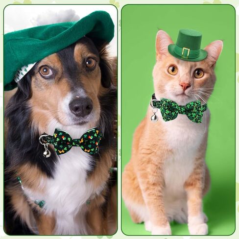 lasuroa 2pcs عيد القديس باتريك طوق القط، قابل للتعديل أربع أوراق البرسيم القط طوق القديس باتريك يوم القط القوس التعادل محظوظ الكلب طوق طوق القط مع أجراس للحيوانات الاليفة عيد الميلاد هدية عيد الشكر in Kuwait
