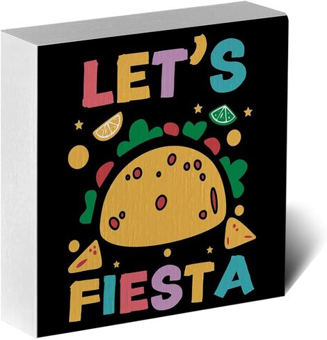 ENGVZ Country Let’s Fiesta Artwork Wood Box Sign Rustic Farmhouse Style Mexican Fiesta Wood Block Plaque 5 X 5 Inches Home Desk Sign Decor for Presents in Kuwait