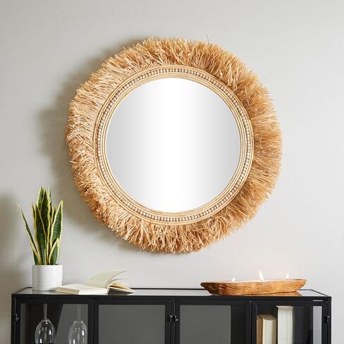 The Novogratz Seagrass Wall Mirror with Fringe Detailing, 35" x 1" x 35", Light Brown in Kuwait