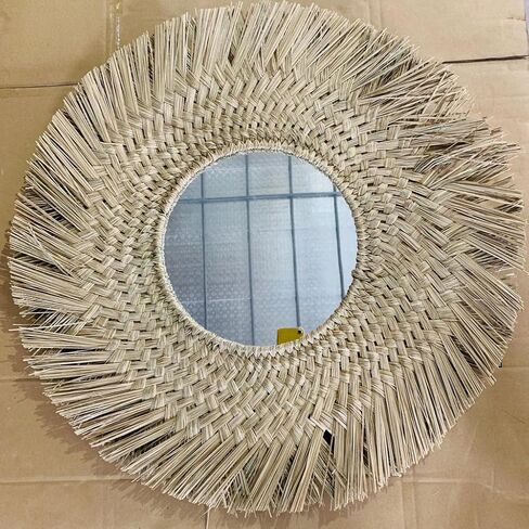 Ohilo Handmade Black Seagrass Bohemian Round Mirror Wall Hanging | Rattan Boho Decor for Living Room, Bedroom, Bathroom 70cm Dia (30cm Mirror) in Saudi Arabia