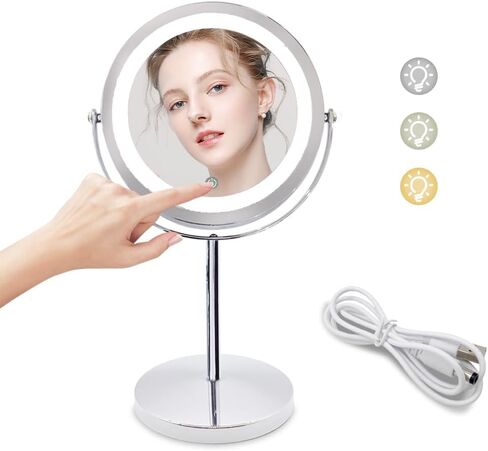 مرآة مكياج مضاءة مثبتة على الحائط من CINCIRUI من الكروم، مرآة زينة LED مزدوجة الجوانب بتكبير 1X/5X مقاس 7 بوصات، 3 أضواء ملونة تعمل باللمس تعمل بمنفذ USB للنساء in Saudi Arabia