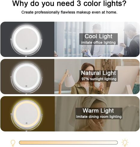 مرآة مكياج مضاءة مثبتة على الحائط من CINCIRUI من الكروم، مرآة زينة LED مزدوجة الجوانب بتكبير 1X/5X مقاس 7 بوصات، 3 أضواء ملونة تعمل باللمس تعمل بمنفذ USB للنساء in Saudi Arabia