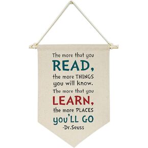 لافتة قماشية معلقة على الحائط بعبارة «The More That You Read,The More Things You Will Know,The More That You Learn» - لافتة قماشية للتعليق على الحائط هدية للاطفال الاولاد والبنات والحضانة وغرف