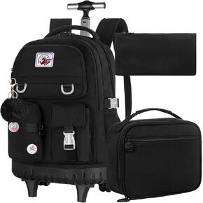 3PCS Rolling Backpack for Girls, 21 inch Water Resistant Roller Backpacks with Wheels, Wheeled Bookbag for Elementary Teens Women - Black