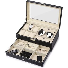 صندوق ساعات بـ 6 فتحات من جونز، منظم مجوهرات، حافظة عرض نظارات شمسية قابلة للقفل مع جلد صناعي اسود in Kuwait