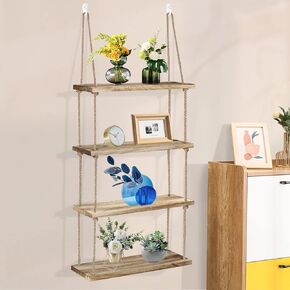 Betinyar Floating Shelves Wood, Boho 4 Tier Wall Shelf, Hanging Shelves, Window Plant Shelves, Shelves for Wall Storage, Plant Rope Shelves for Wall Decor, 4 Combinations (Retro) in Saudi Arabia