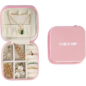 Smileshe Travel Jewelry Box, Mini Portable Organizer Travel Case with Zipper, PU Leather Small Storage Boxes for Rings, Earrings, Necklaces, Bracelets