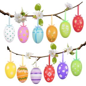 AhfuLife 12Pcs Easter Eggs Hanging Ornaments Decorations, Easter Plastic Eggs for Easter Tree, Easter Colorful Eggs Painted Eggs for Home Easter Party Decor in Kuwait