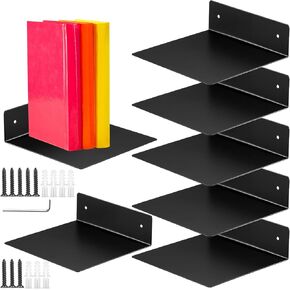 بيلوبي 6 قطع من رفوف معدنية عائمة صغيرة للكتب، رف كتب عائم اسود غير مرئي مع حافة قناة معدنية للتعليق على الحائط لعرض صور الحمام ومجسمات الاكشن in Kuwait