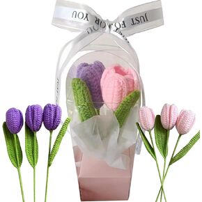 HAOBANGBEIJIA 2 Pcs(Handmade Finished Tulips) Knitting Crochet Flower Tulips, Romantic Gift with Gift Box and Gift Card for Your Lovers or Families (Pink and Purple)