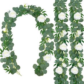 TELDRASSIL 3 عبوات من إكليل الأوكالبتوس الاصطناعي مع الزهور، وأوراق الأوكالبتوس الخضراء، وخضراء الدولار الفضي الصناعي مع زهور الورد لحفلات الزفاف والديكور الداخلي والخارجي in Kuwait