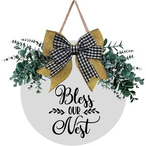 MayAvenue Bless Our Nest Wreaths Decor Sign Front Door, Round Wood Hanging Sign with Ribbon Bow and Artificial Green Leaves, Farmhouse Porch Decorations for Home Thanksgiving, White in Kuwait